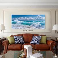 This high-definition sea view canvas decoration painting showcases the surging waves of the blue sea and the white clouds in the (as the picture,50x100cm No Frame)