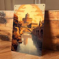 1 piece: Rome Castel Sant'Angelo sunset riverside landscape tin painting, living room, study, entryway wall decoration, retro Eu (as the picture,20x30cm)