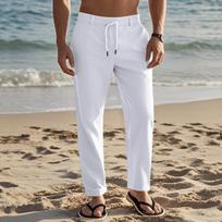Men's Breathable Linen Blend Drawstring Waist Casual Pants For Summer Beach S balta