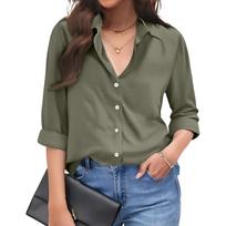 Women’s Long Sleeve Button Down Shirt Casual Collared Blouse Relaxed Fit Lightweight Top for Office Work Daily Wear L armijos žalia spalva