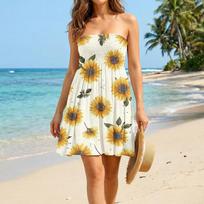 Women’s Strapless Sundress Floral Print Casual Smocked Mini Dress Lightweight Sleeveless Summer Beachwear L smėlis