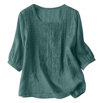 Women's Casual 3/4 Sleeve Embroidered Blouse Lightweight Cotton Linen Top for Spring & Summer Fashion L mėlyna