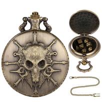 Antique Carved 3D Skull Designed Alloy Pocket Watch Case with 7pcs Metal Polyhedral Table Game Dice with 38cm Waist Chain Gifts