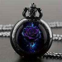 Purple Rose Quartz Movement Pocket Watch,Stylish Black Necklace Chain, Classic Exquisite Design Gift Watch For Women Girls juoda