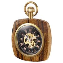 NEW PJX1573 Creative Square Wood Pocket Watches Mechanical For Men Women Vintage Hand Wind Fob Watch 80cm Chain Art Collection ruda