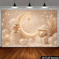 2D Neutral Beige Teddy Bear Backdrop with Stars & Balloons Baby Party Background 47.2x31.5inch/120*80cm