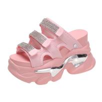 Summer High Platform Women Sandals Buckle 10CM Wedges Bling Shoes Fashion Outside Chunky Sandals Beach Leisure Slides Woman 38 rožinė