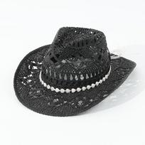 New Handwoven Straw Cowboy Hat with Heart & Malan Flower, Black Sun Cap for Women, Summer Beach Hat M 56-58cm