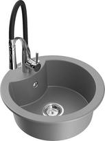 Granitinė virtuvinė plautuvė Mexen Diego su maišytuvu ir sifonu, Grey+Black/Chrome