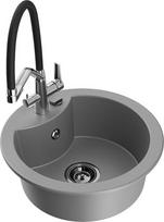 Granitinė virtuvinė plautuvė Mexen Diego su maišytuvu ir sifonu, Grey+Black/Chrome