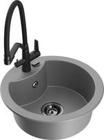 Granitinė virtuvinė plautuvė Mexen Diego su maišytuvu ir sifonu, Grey+Black