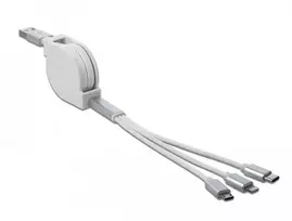 DELOCK USB 3in1 ištraukiamas 8 kontaktų įkrovimo kabelis / Micro USB / USB Type-C baltas