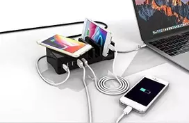 Manhattan Įkroviklis jungiama į tinklą 5x USB i Qi 55W, 1x USB-C, 3x USB-A, Qi