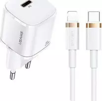 USAMS Tinklo įkroviklis 1xUSB-C T36 mini 20W + kabelis USB-C-Lightning baltos spalvos PD3.0 Fast Charging XFKXLOGTL02 (US-CC124+US-SJ484)