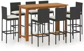 Lauko baldų komplektas Sodo baro baldų komplektas su pagalvėlėmis, 9 dalių, juodas