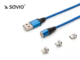 Magnetinis USB kabelis – USB Type C, Micro and Lightning 1m, SAVIO CL-154 Mėlyna