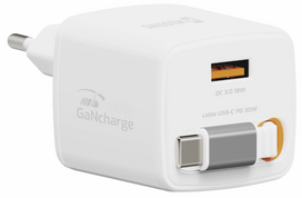 Swissten SlideCHARGE 30W GaN Power Charger, USB-A 18W, with 0.75m retractable USB-C cable, white