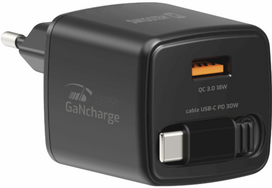 Swissten SlideCHARGE 30W GaN Power Charger, USB-A 18W, with 0.75m retractable USB-C cable, black