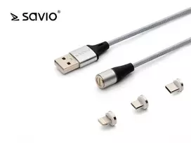 USB kabelis Savio USB-A - USB-C + microUSB + Žaibas 1 m Sidabrinis (1 _ 790966)