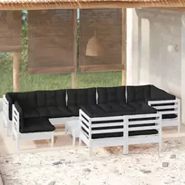 Lauko baldų komplektas Sodo komplektas su pagalvėmis, 10 dalių, baltas, pušies masyvas