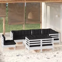Lauko baldų komplektas Sodo komplektas su pagalvėmis, 9 dalių, baltas, pušies masyvas