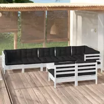 Lauko baldų komplektas Sodo komplektas su pagalvėmis, 9 dalių, baltas, pušies masyvas