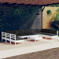 Lauko baldų komplektas Sodo komplektas su pagalvėmis, 11 dalių, baltas, pušies masyvas