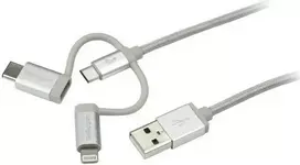 USB kabelis StarTech USB-A - USB-C + microUSB + Žaibas 1 m Sidabrinis (LTCUB1MGR)