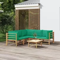 Lauko baldų komplektas Sodo komplektas su žaliomis pagalvėlėmis, 6 dalių, bambukas