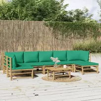 Lauko baldų komplektas Sodo komplektas su žaliomis pagalvėlėmis, 8 dalių, bambukas