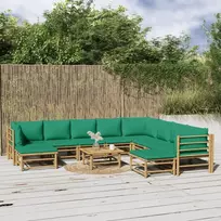 Lauko baldų komplektas Sodo komplektas su žaliomis pagalvėlėmis, 11 dalių, bambukas