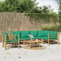 Lauko baldų komplektas Sodo komplektas su žaliomis pagalvėlėmis, 7 dalių, bambukas