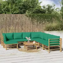 Lauko baldų komplektas Sodo komplektas su žaliomis pagalvėlėmis, 9 dalių, bambukas