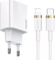 USAMS Tinklo įkroviklis 1xUSB-C T34 20W 5V-3A PD3.0 + kabelis U63 USB-C lightning 20W baltos spalvos (T49) T49OCLN01