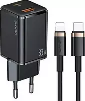 USAMS Tinklo įkroviklis 1xUSB-C+1xUSB T43 33W PD3.0 +QC3.0 + kabelis U63 USB-C lightning juodos spalvos USKTZ01