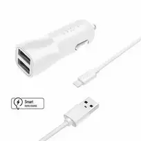Rinkinys FIXED automobilinis įkroviklis su 2xUSB išėjimais ir USB/Lightning laidu, 1 metras, MFI, 15W išmanusis greitasis įkrovimas, balta