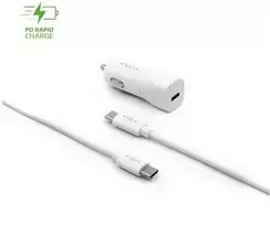 Rinkinys FIXED automobilio įkroviklis su USB-C išvestimi ir USB-C/USB-C laidu, PD palaikymas, 1 metras, 18 W, balta