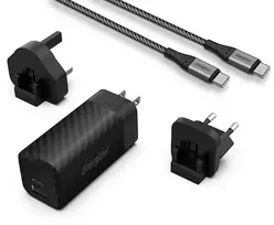Energizer Ultimate – kelių kištukų ES / JK / JAV GaN USB-C ir USB-A 65 W PD maitinimo įkroviklis + USB-C laidas (juodas)