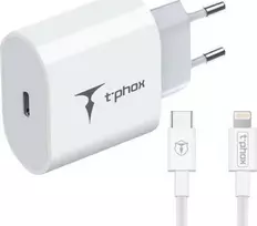 Tinklo įkroviklis T-PHOX ISPEED 20W + kabelis USB-C/lightning baltos spalvos