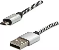 Logotipas USB kabelis (2.0), USB A M - microUSB (M), 2m, 480Mb/s, 5V/1A, sidabrinė, dėžutė, nailono pynė, aliuminio jungties dangtelis