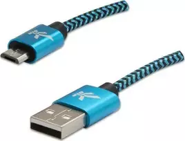 USB kabelio logotipas (2.0), USB A M - microUSB (M), 2m, 480Mb/s, 5V/1A, mėlyna, dėžutė, nailono pynė, aliuminio jungties dangtelis