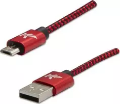 USB kabelio logotipas (2.0), USB A M - microUSB (M), 1m, 480Mb/s, 5V/2A, raudonas, dėžutė, nailono pynė, aliuminio jungties dangtelis