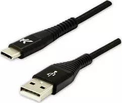 Logotipas USB laidas (2.0), USB A M - USB C (M), 1m, 480Mb/s, 5V/3A, juoda, dėžutė, nailono pynė, aliuminio jungties dangtelis