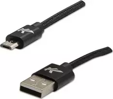 USB kabelio logotipas (2.0), USB A M - microUSB (M), 1m, 480Mb/s, 5V/2A, juoda, dėžutė, nailono pynė, aliuminio jungties dangtelis