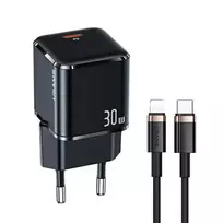 USAMS Tinklo įkroviklis 1xUSB-C T45 30W PD3.0 Fast Charging +kabelis U63 USB-C/Lightning juodos spalvos UXTZH01 (USAMS-UX)