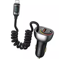 USAMS automobilinis įkroviklis C37 1xUSB+1xUSB-C 60W + kabelis Ligtning 30W PD+QC Fast Charge juodos spalvos CC193CC01 (US-CC193)