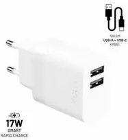 Fixed Fiksuotas | Dvigubas USB kelioninis įkroviklis 17 W ir USB/USB-C laidas | FIXC17N-2UC-WH