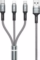 WEKOME WDC-119 „Fython“ serija – „trys viename“ USB-A prie „Lightning“ + USB-C + „Micro USB PD“ jungiamasis laidas, 1,2 m (sidabrinis)