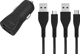 Energizer HardCase – automobilinis įkroviklis 2x USB-A 2.4A + USB-C ir mikro USB laidas (juodas)