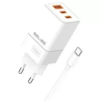 Beline Laidinis įkroviklis 2x USB-C + 1x USB 65W + kabelis USB-C baltos spalvos PD 3.0 + QC 3.0 BLN3CW65C GaN